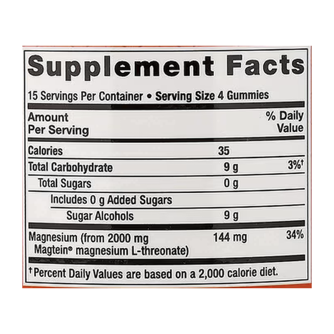 Life Extension, Neuro-Mag®, Magnesium L-Threonate, Natural Orange, 60 Gummies supplement facts label showing ingredients, vitamins, minerals, and serving information