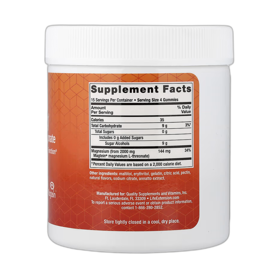 Life Extension, Neuro-Mag, Magnesium L-Threonate, Natural Orange, 60 Gummies back packaging view