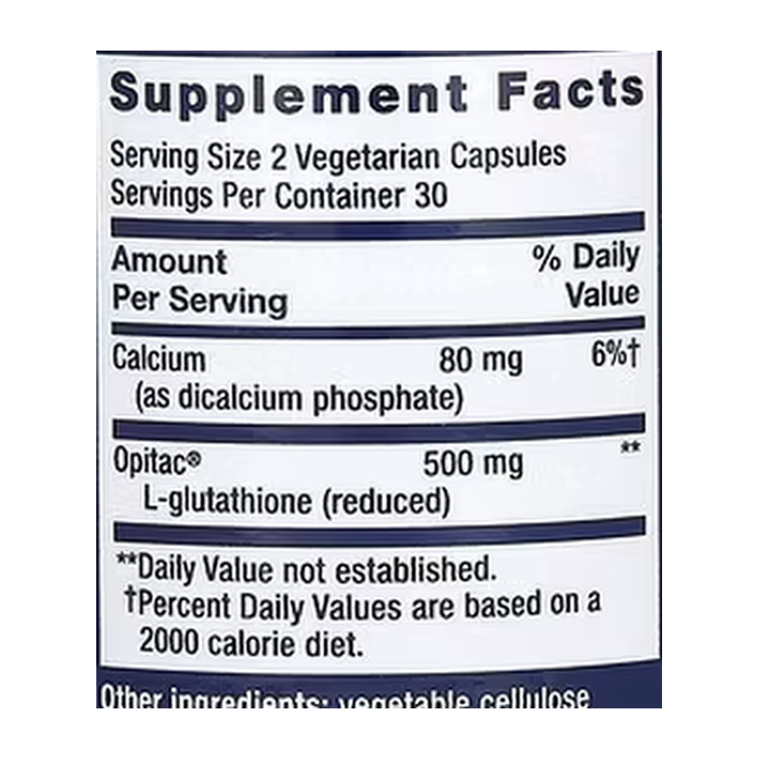 Life Extension, Glutathione, 60 Vegetarian Capsules supplement facts label showing ingredients, vitamins, minerals, and serving information