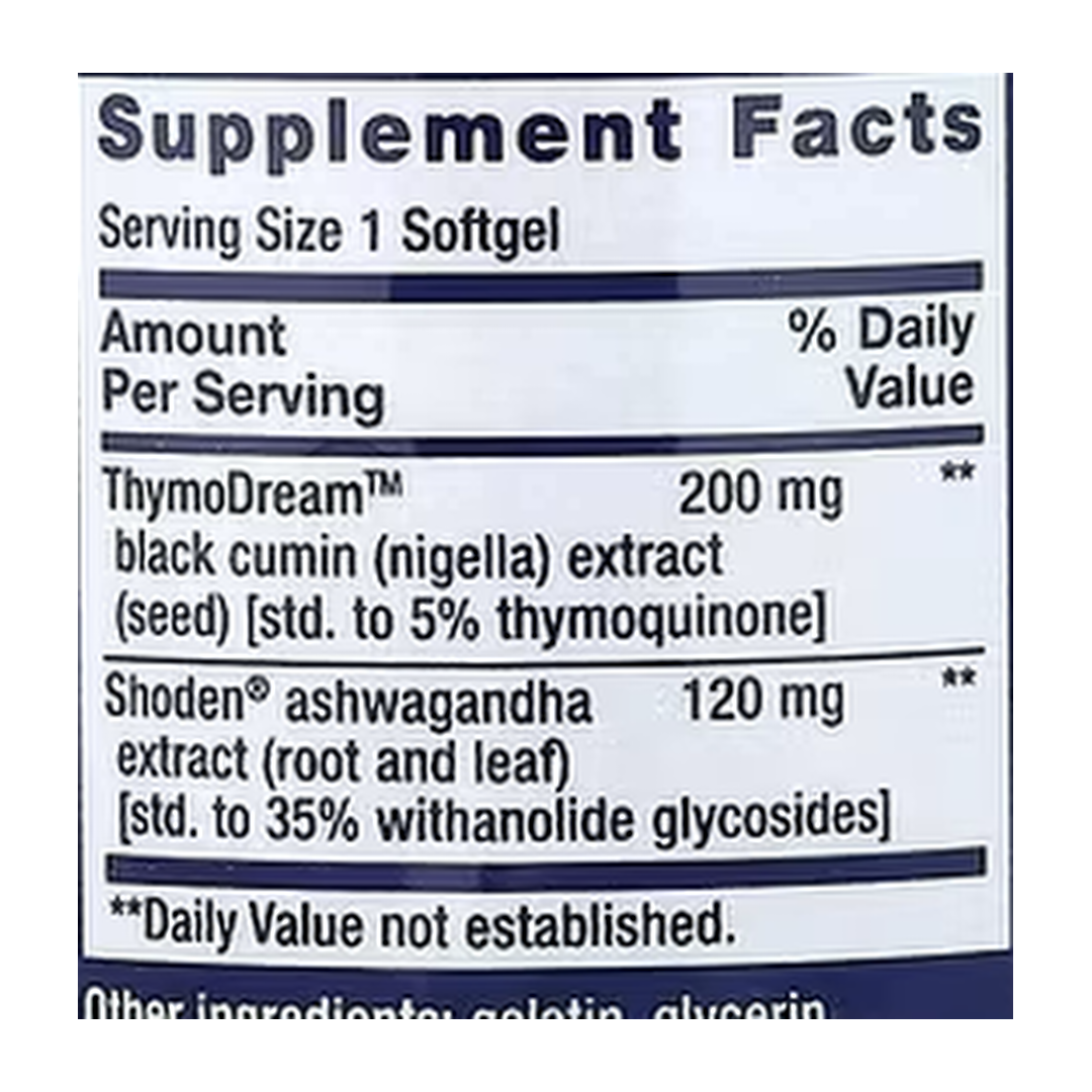 Life Extension, Serene Sleep , 30 Softgels supplement facts label showing ingredients, vitamins, minerals, and serving information