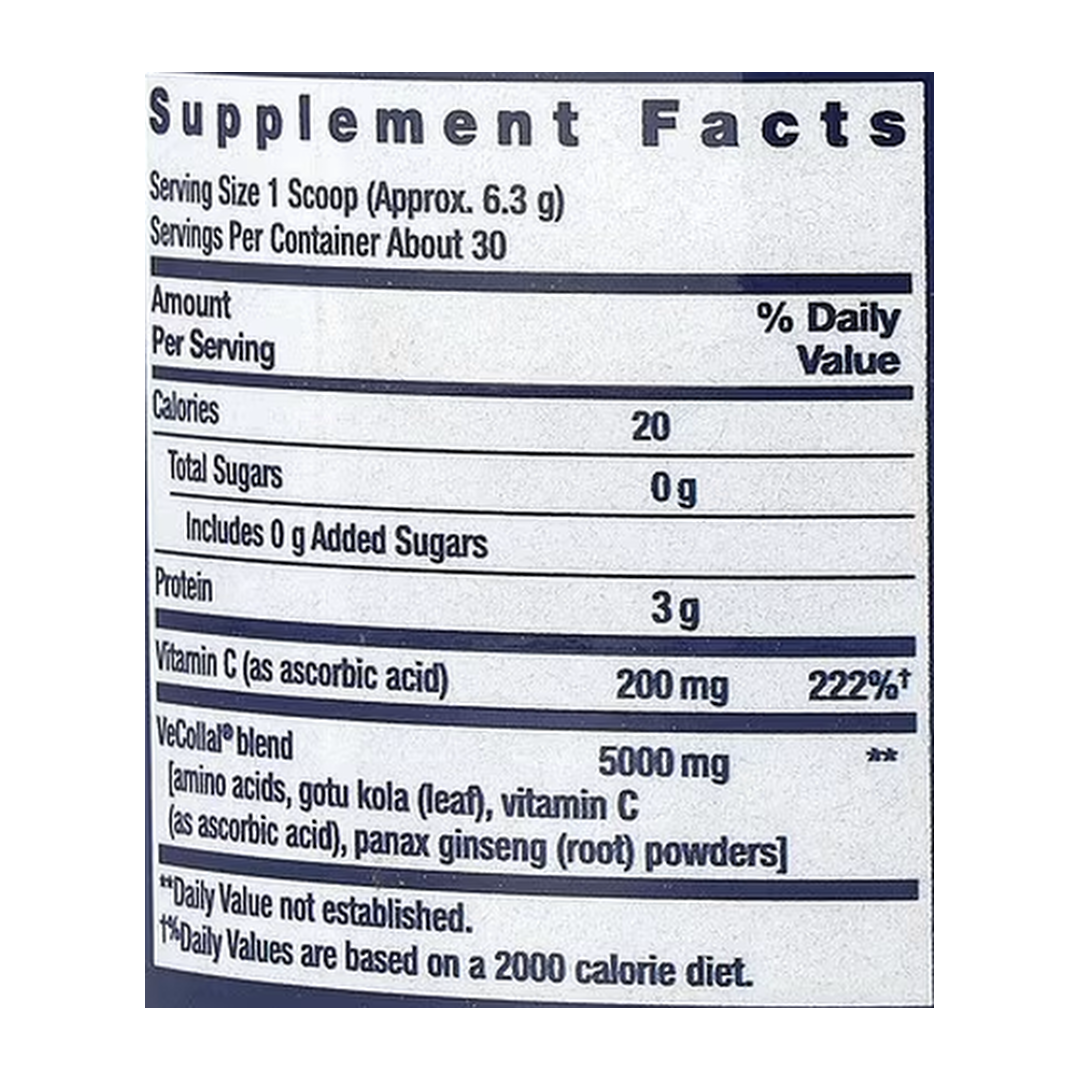 Life Extension, Vegan Pro Collagen, Natural Orange, 6.667 oz, 189 g supplement facts label showing ingredients, vitamins, minerals, and serving information