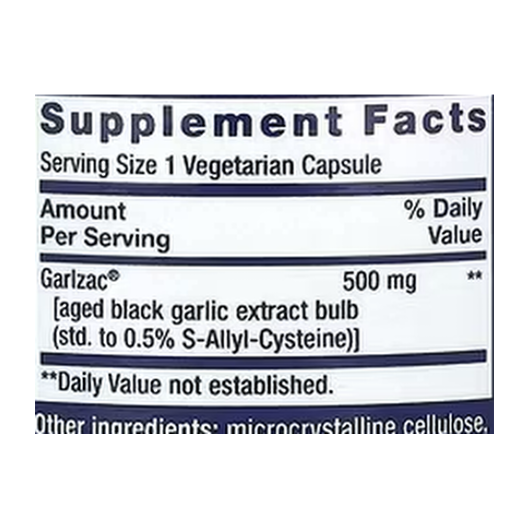 Life Extension, Aged Black Garlic, 30 Vegetarian Capsules supplement facts label showing ingredients, vitamins, minerals, and serving information