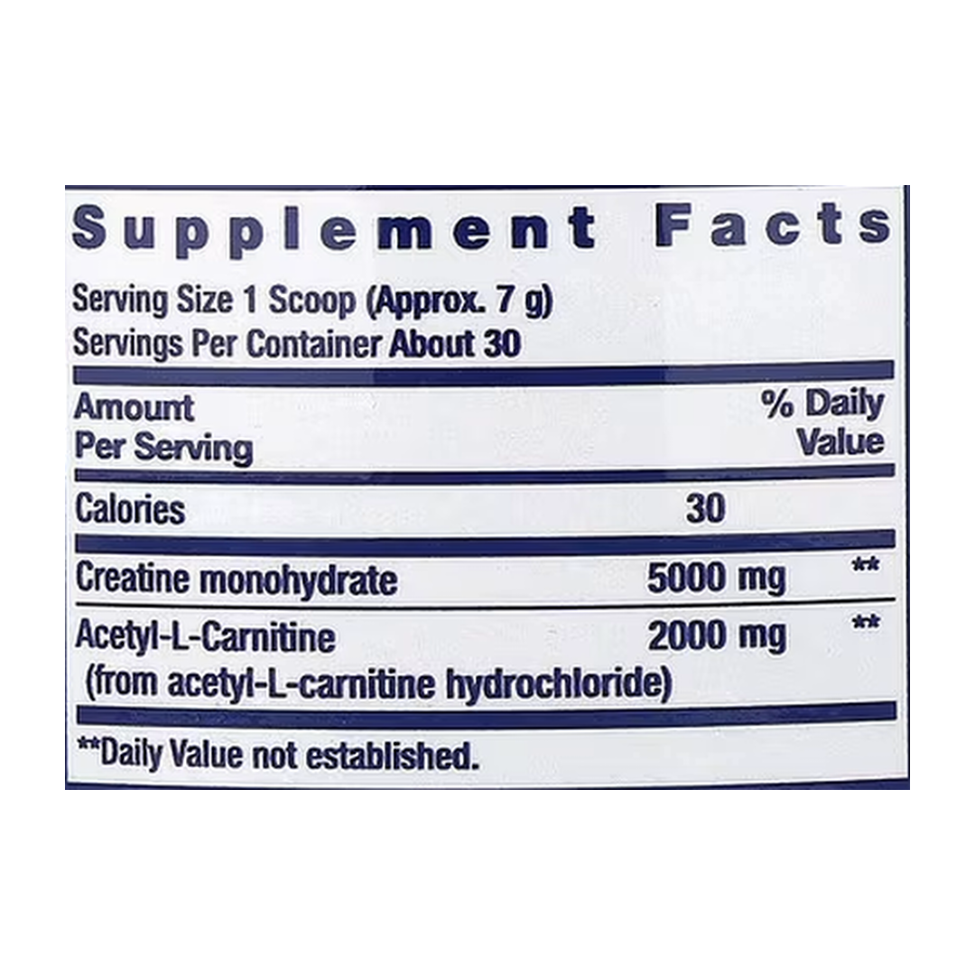 Life Extension, Creatine & Acetyl-L-Carnitine, Energy Plus, 0.51 lb, 233 g supplement facts label showing ingredients, vitamins, minerals, and serving information