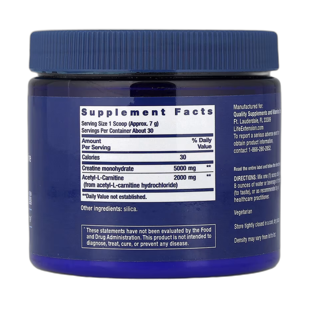 Life Extension, Creatine & Acetyl-L-Carnitine, Energy Plus, 0.51 lb, 233 g back packaging view