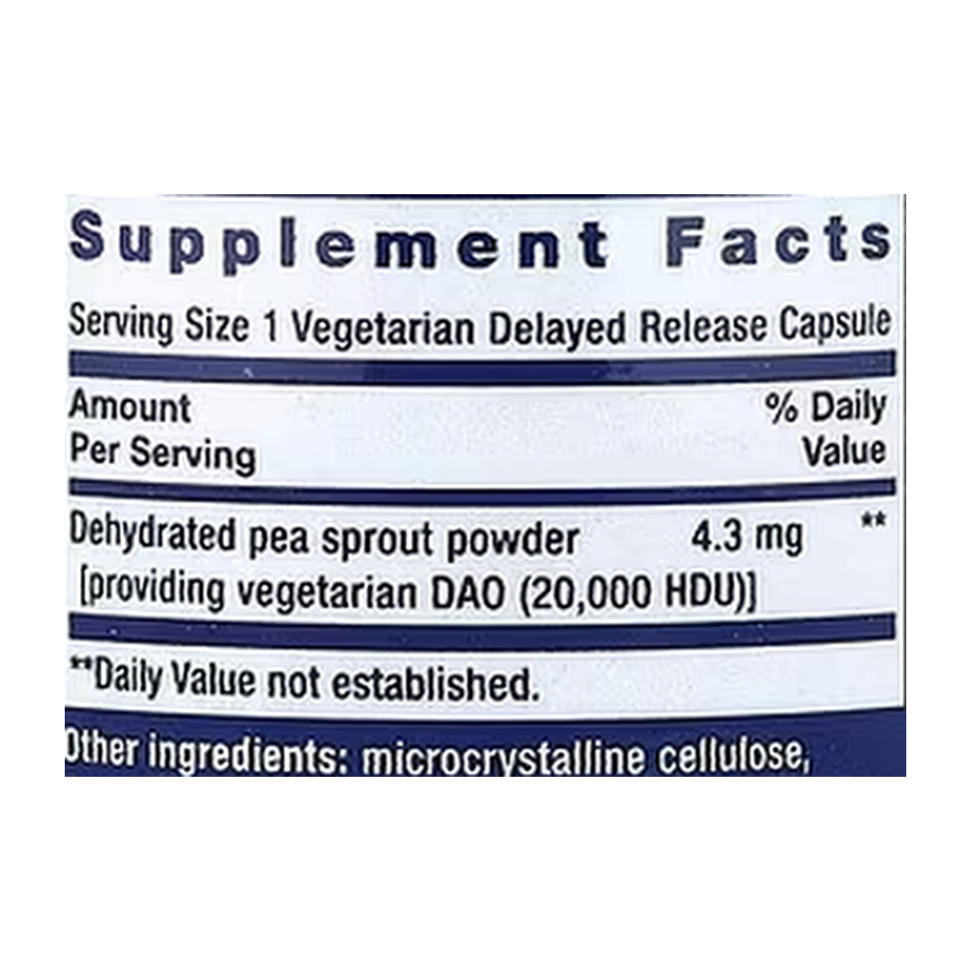 Life Extension, Food Sensitivity Relief with Diamine Oxidase (DAO), 60 Vegetarian Delayed Release Capsules supplement facts label showing ingredients, vitamins, minerals, and serving information