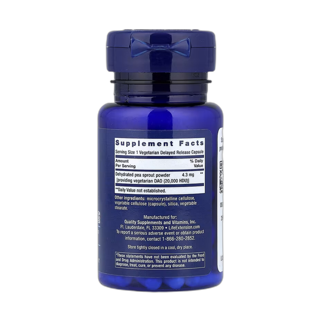 Life Extension, Food Sensitivity Relief with Diamine Oxidase (DAO), 60 Vegetarian Delayed Release Capsule back packaging view