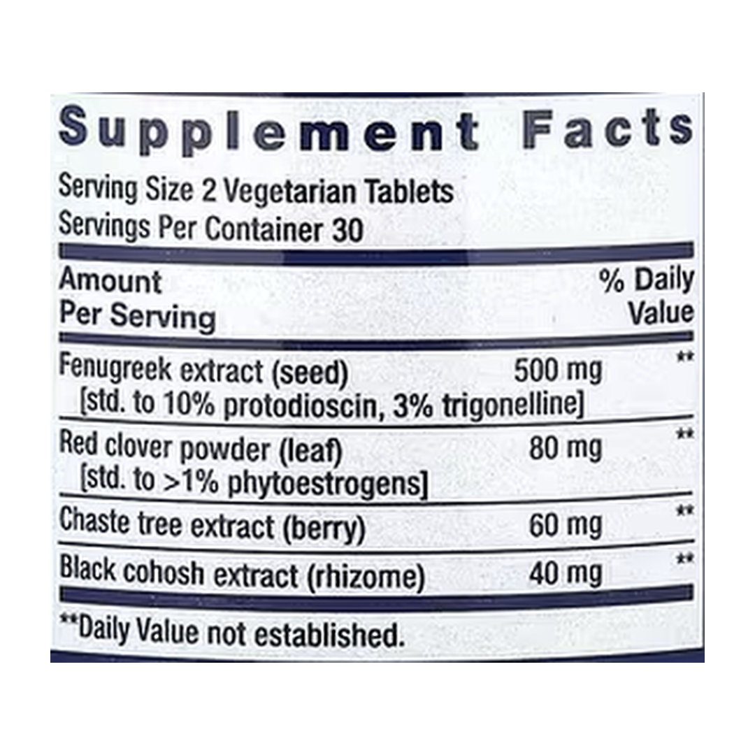 Life Extension, Women's Health, Estrogen Balance Elite, 60 Vegetarian Tablets supplement facts label showing ingredients, vitamins, minerals, and serving information