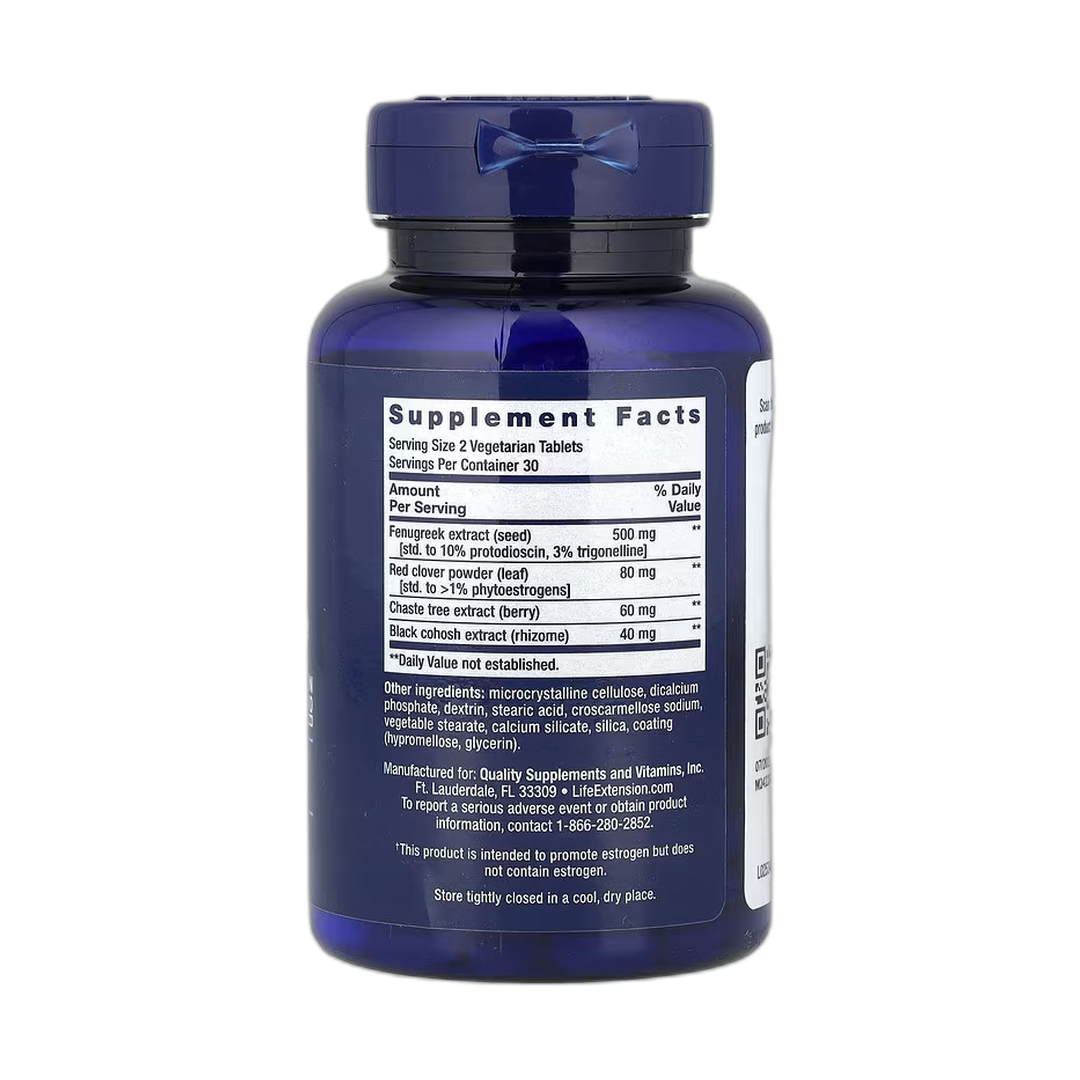 Life Extension, Women's Health, Estrogen Balance Elite, 60 Vegetarian Tablets back packaging view