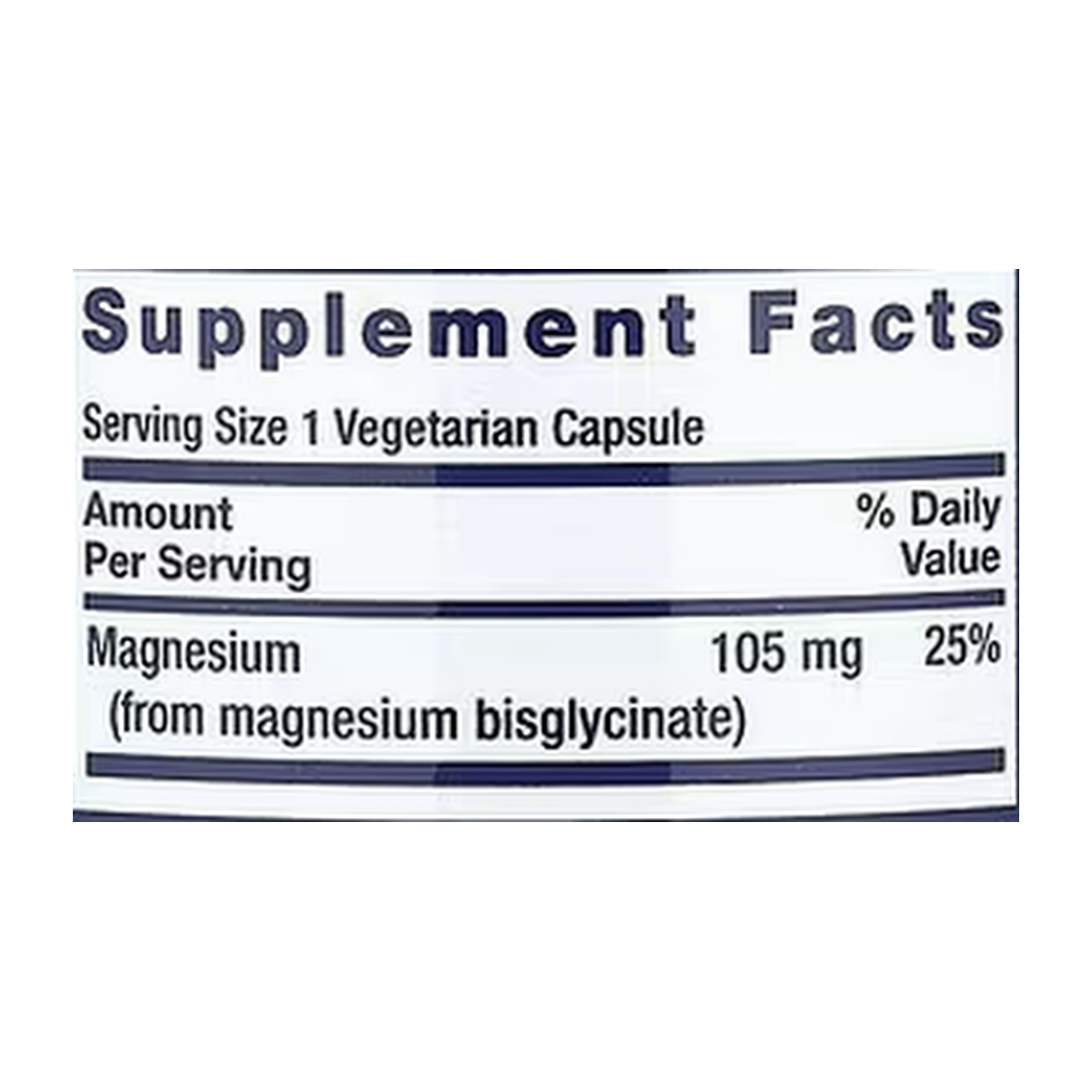 Life Extension, Magnesium Glycinate, 90 Vegetarian Capsules supplement facts label showing ingredients, vitamins, minerals, and serving information