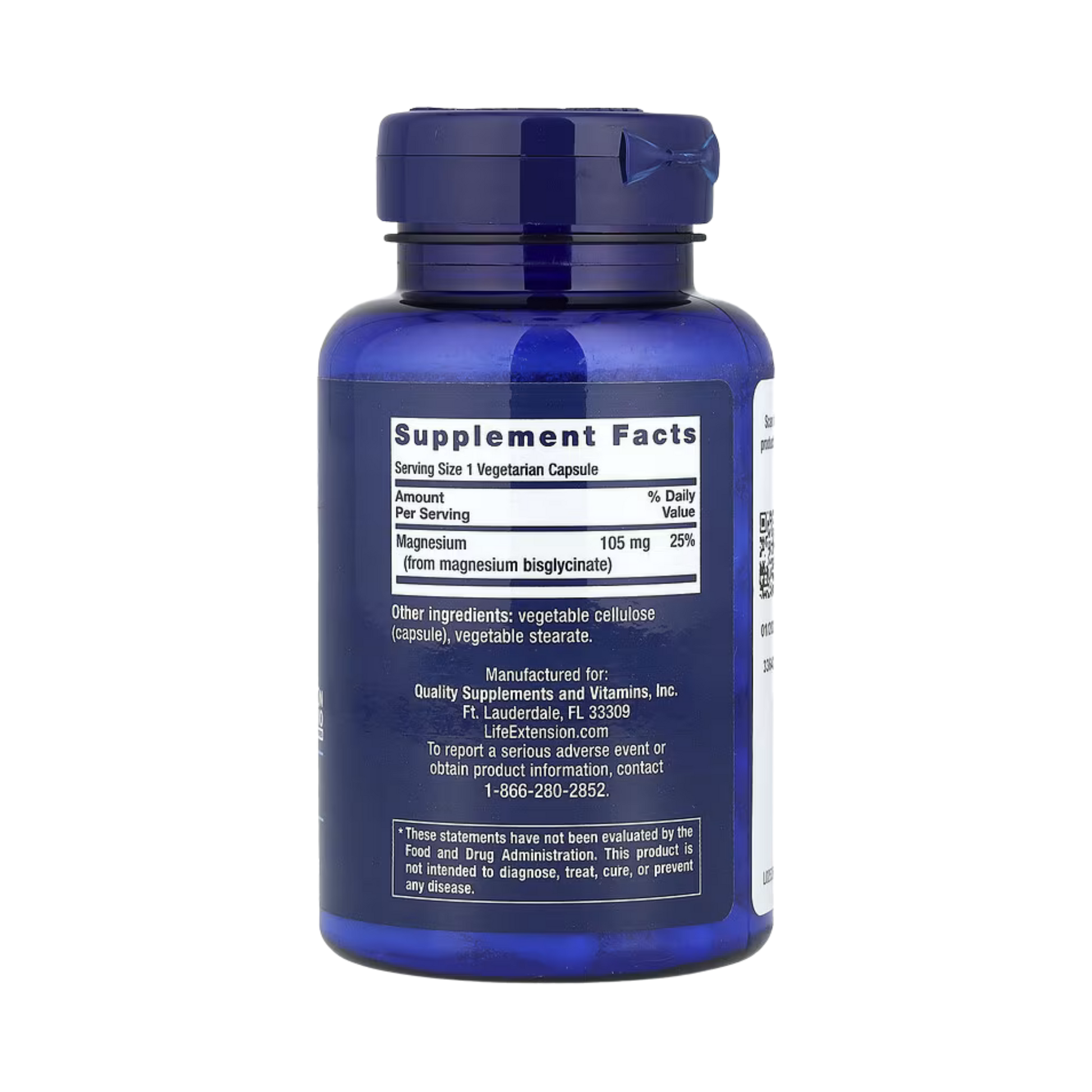 Life Extension, Magnesium Glycinate, 90 Vegetarian Capsules back packaging view