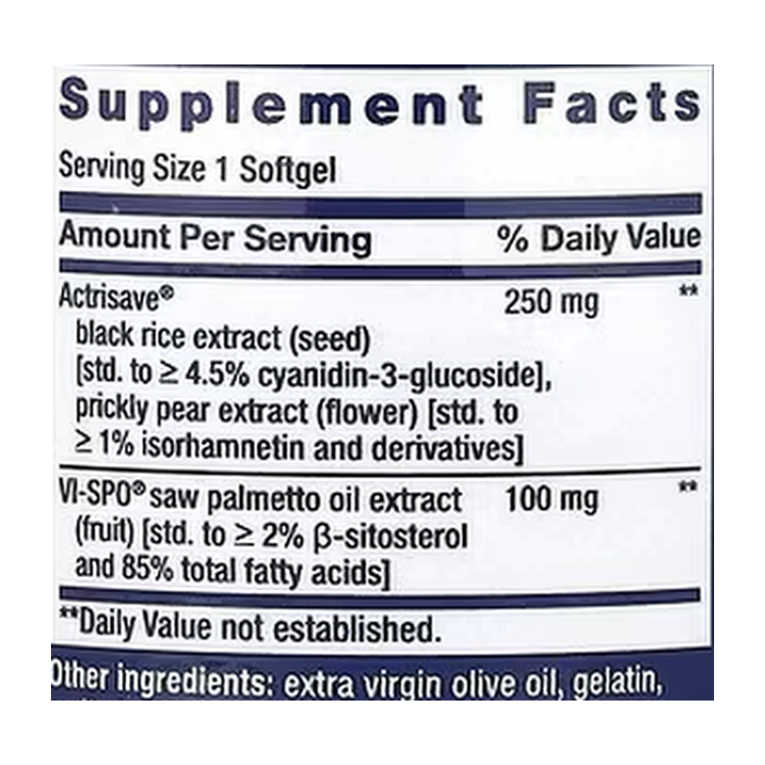 Life Extension, Hair Growth for Men, 30 Softgels supplement facts label showing ingredients, vitamins, minerals, and serving information