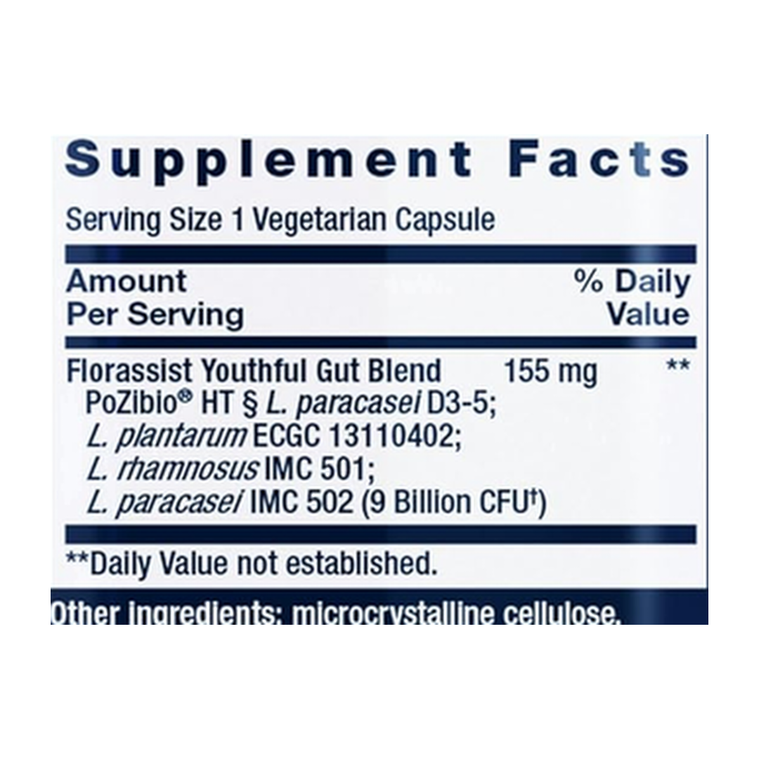 Life Extention, Youthful Gut, 30 Vegetarian Capsules supplement facts label showing ingredients, vitamins, minerals, and serving information