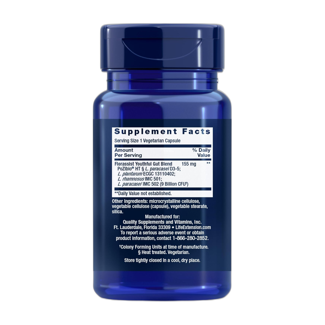 Life Extension Life Extention, Youthful Gut, 30 Vegetarian Capsules back packaging view