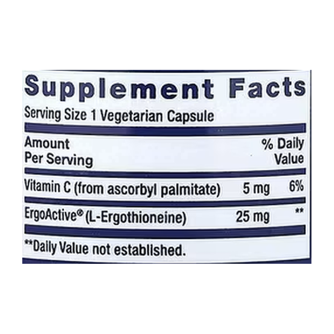 Life Extension, Mega L-Ergothioneine, 30 Vegetarian Capsules supplement facts label showing ingredients, vitamins, minerals, and serving information