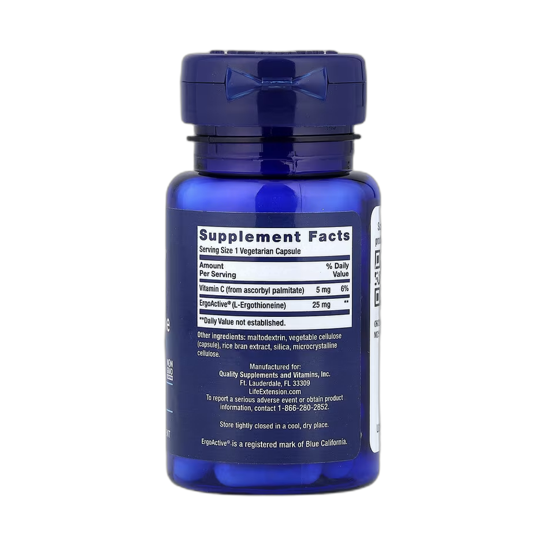 Life Extension, Mega L-Ergothioneine, 30 Vegetarian Capsules back packaging view