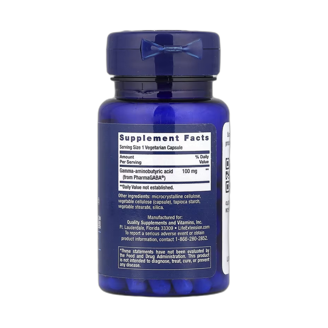 Life Extension, GABA, 60 Vegetarian Capsules back packaging view