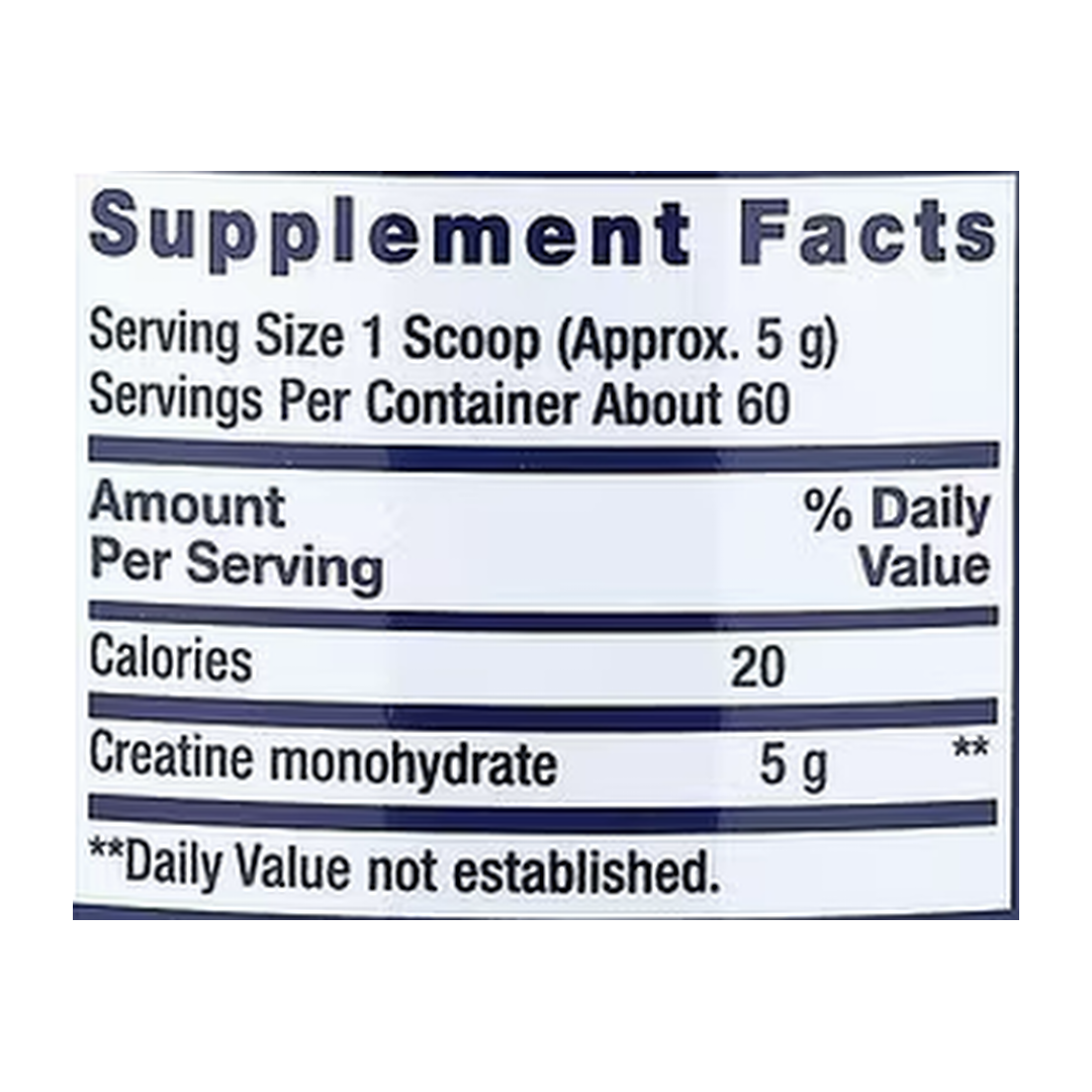 Life Extension, Creatine Powder, 0.66 lb, 300 g supplement facts label showing ingredients, vitamins, minerals, and serving information