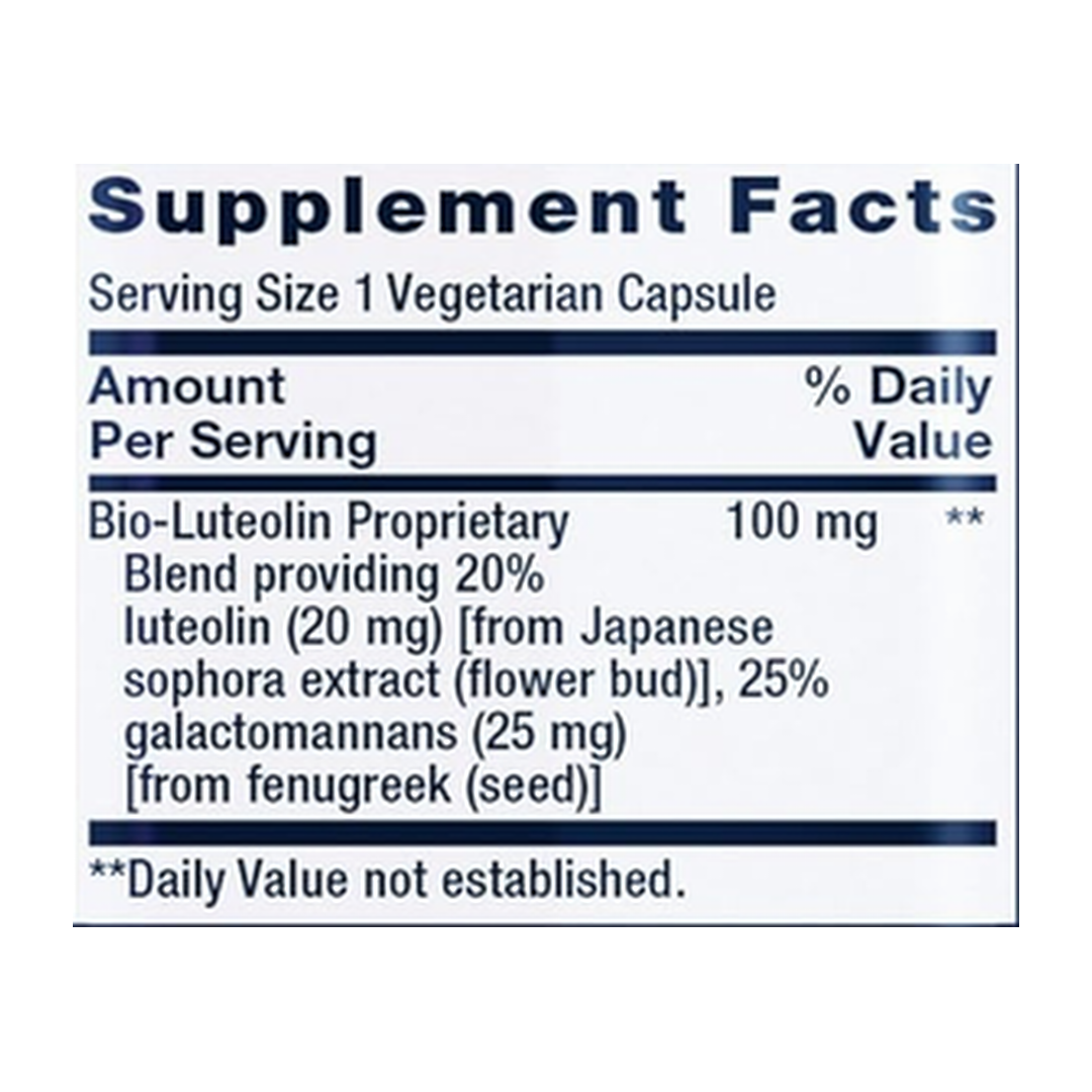 Life Extension, Bio-Luteolin, 30 Vegetarian Capsules supplement facts label showing ingredients, vitamins, minerals, and serving information