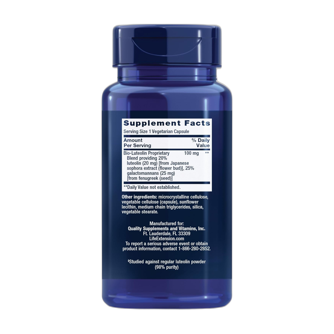 Life Extension, Bio-Luteolin, 30 Vegetarian Capsules back packaging view