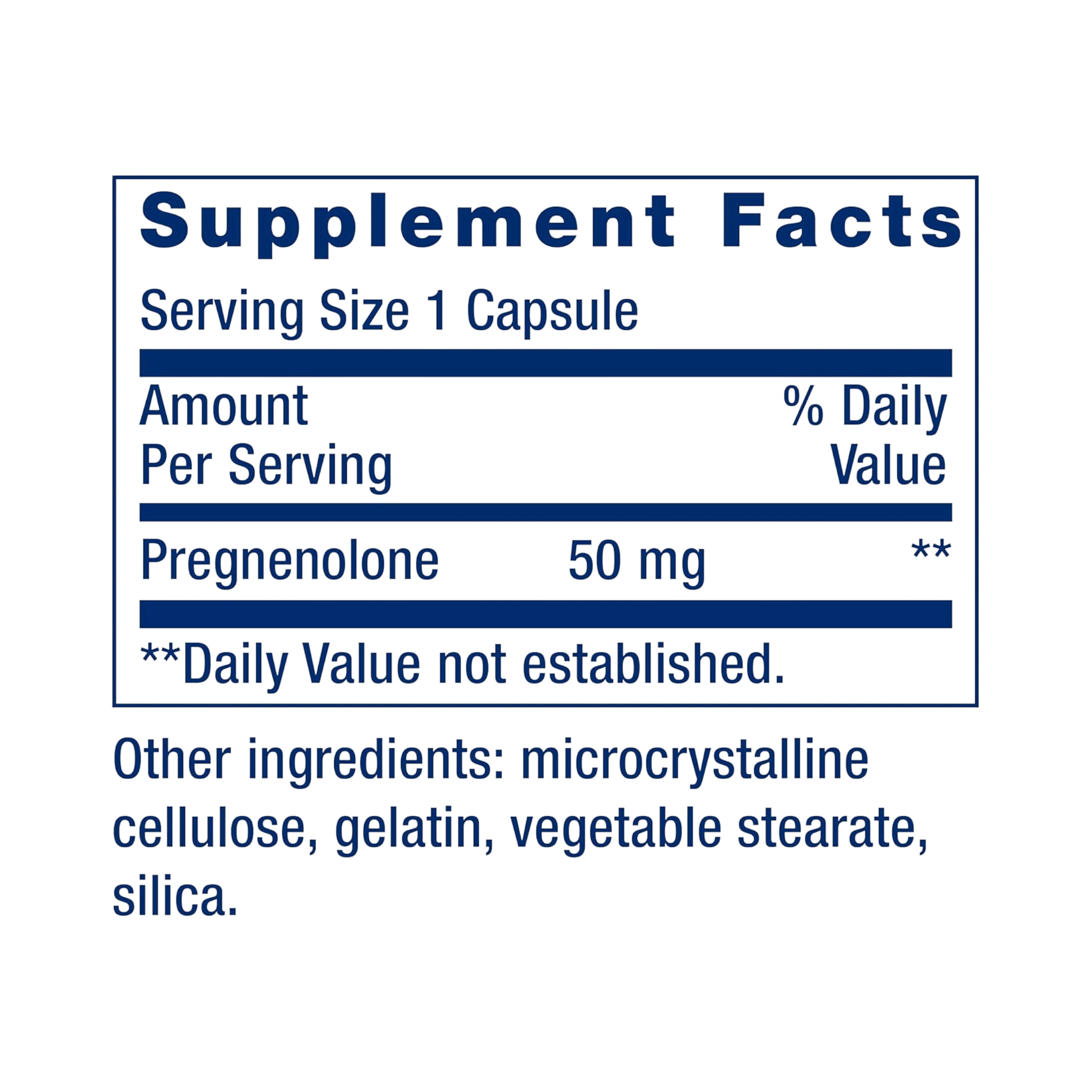 Life Extension, Pregnenolone, 50 mg, 100 Capsules supplement facts label showing ingredients, vitamins, minerals, and serving information