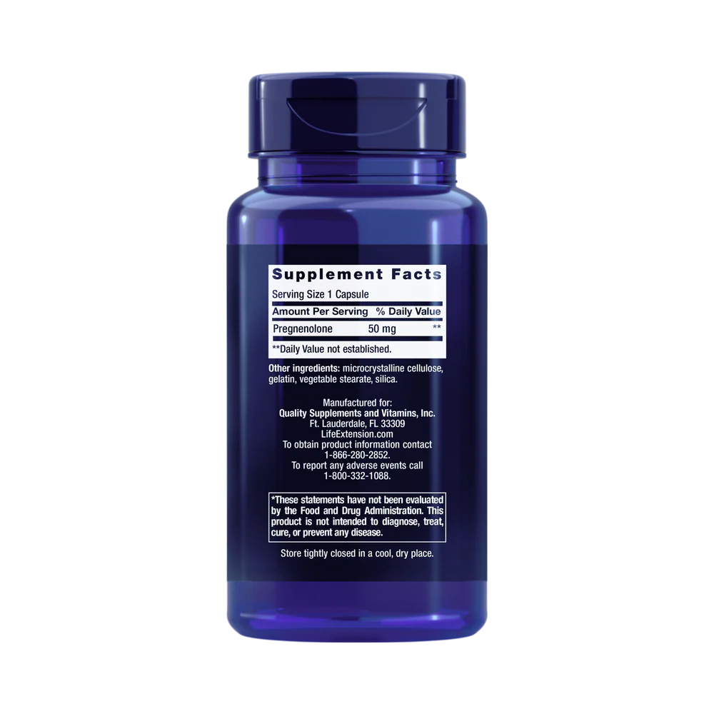 Life Extension, Pregnenolone, 50 mg, 100 Capsules back packaging view