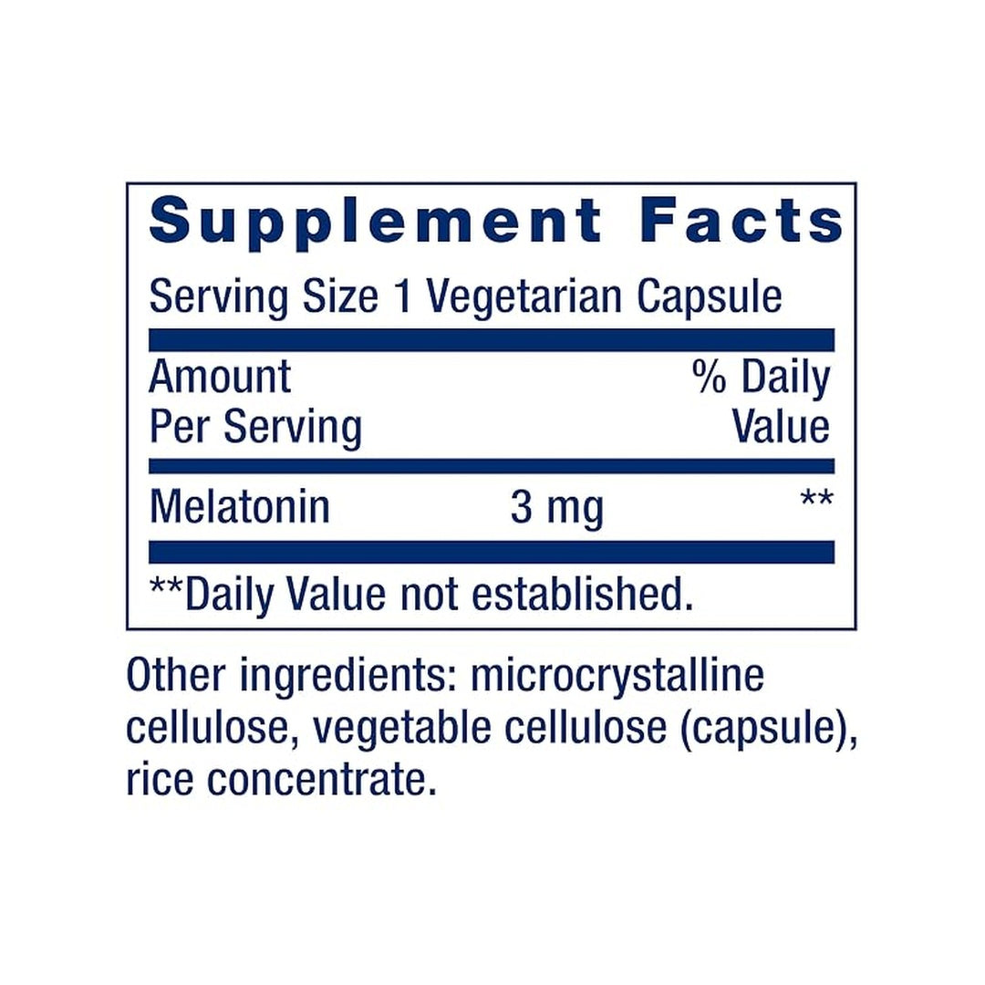 Life Extension, Melatonin 3 mg supplement facts label showing ingredients, vitamins, minerals, and serving information