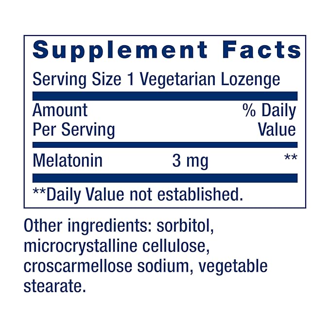 Life Extension Melatonin 3 mg Lozenges supplement facts label showing ingredients, vitamins, minerals, and serving information