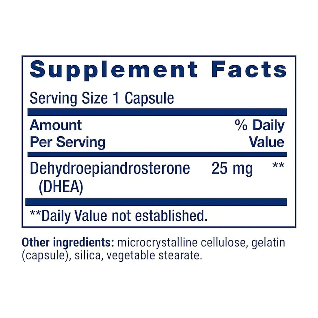 Life Extension, DHEA 25 mg supplement facts label showing ingredients, vitamins, minerals, and serving information