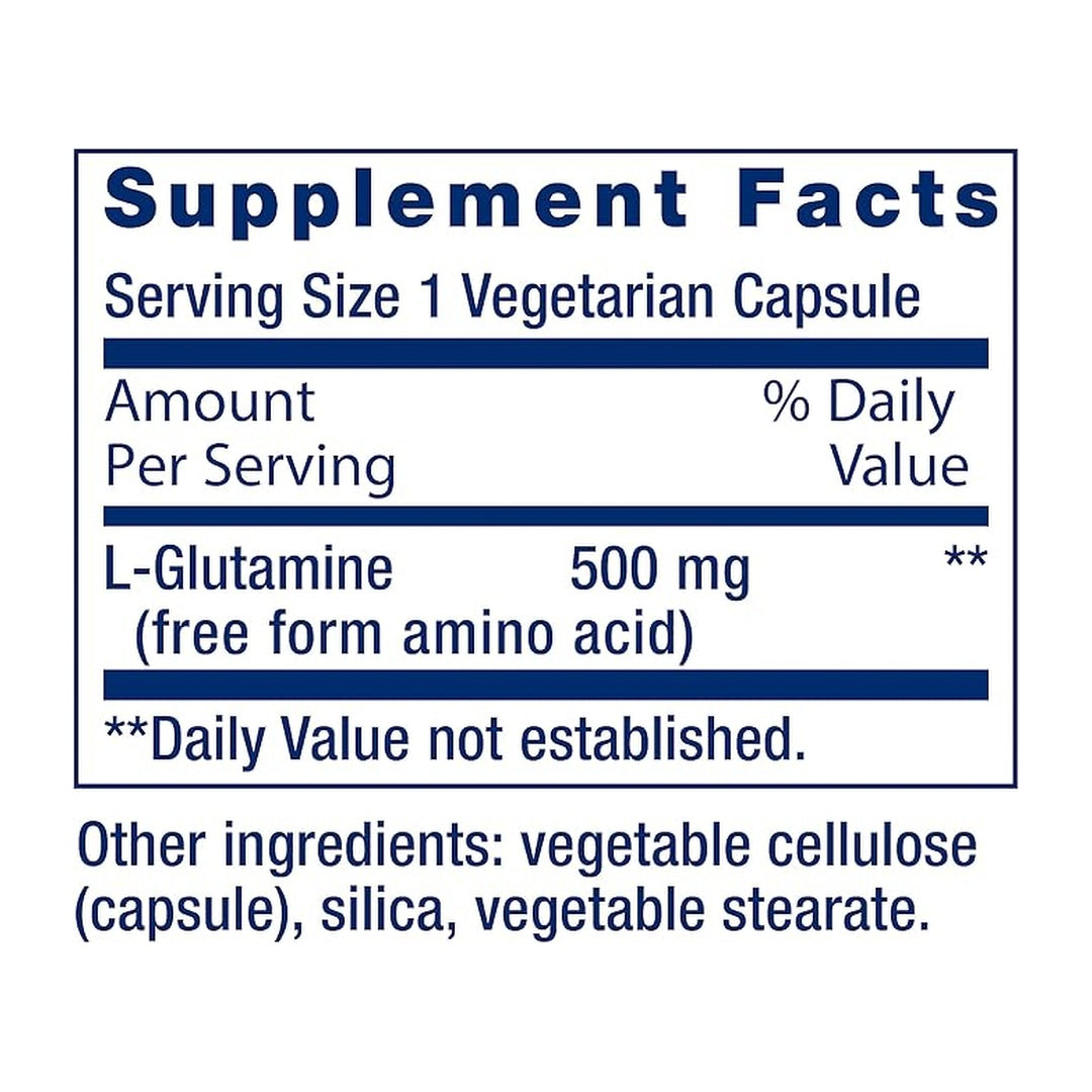 Life Extension, L-Glutamine supplement facts label showing ingredients, vitamins, minerals, and serving information