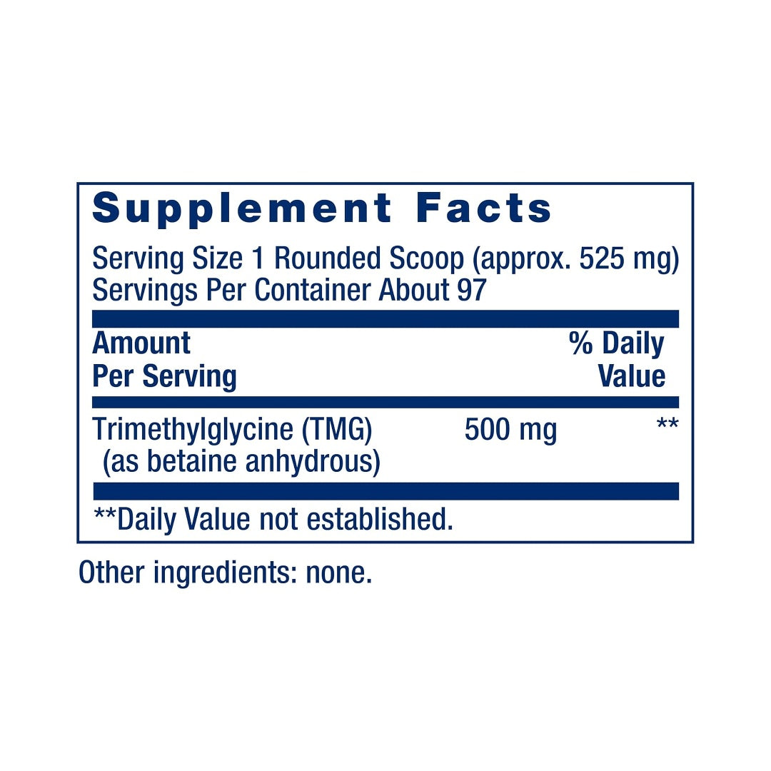 Life Extension, TMG Powder supplement facts label showing ingredients, vitamins, minerals, and serving information