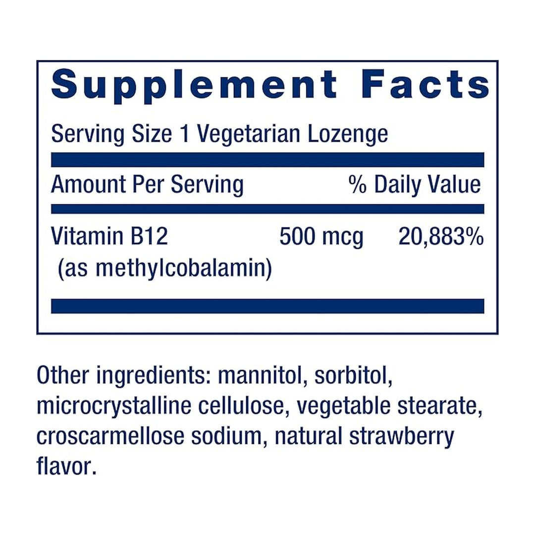 Life Extension, Vitamin B12 Methylcobalamin (500 mcg) supplement facts label showing ingredients, vitamins, minerals, and serving information