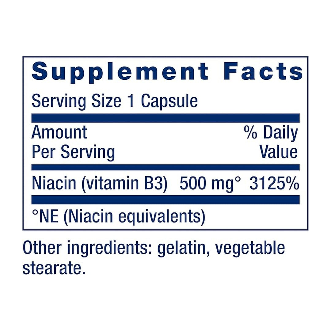 Life Extension, Vitamin B3 Niacin supplement facts label showing ingredients, vitamins, minerals, and serving information
