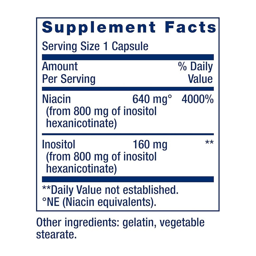 Life Extension, No Flush Niacin supplement facts label showing ingredients, vitamins, minerals, and serving information