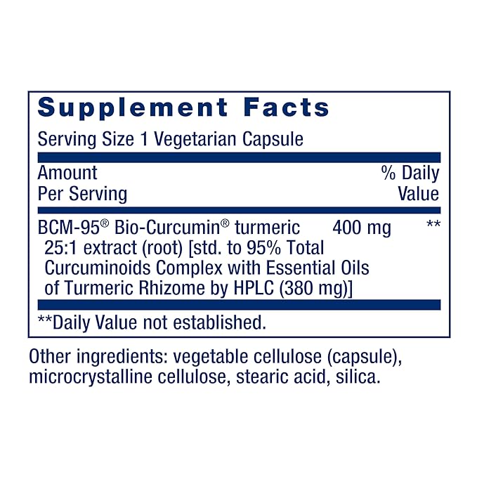 Life Extension, Super Bio-Curcumin® Turmeric Extract supplement facts label showing ingredients, vitamins, minerals, and serving information