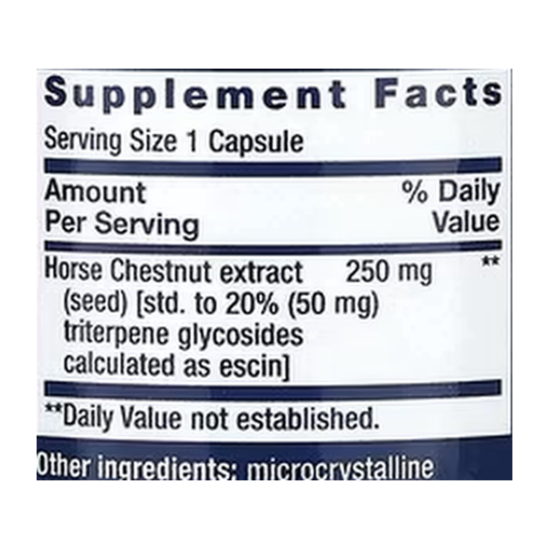 Life Extension, Venotone, Standardized Horse Chestnut, 60 Capsules supplement facts label showing ingredients, vitamins, minerals, and serving information