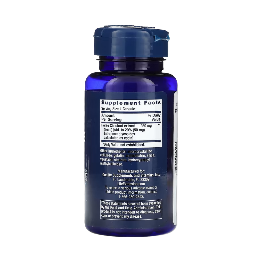 Life Extension, Venotone, Standardized Horse Chestnut, 60 Capsules back packaging view