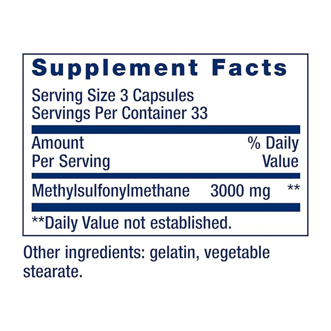 Life Extension, MSM supplement facts label showing ingredients, vitamins, minerals, and serving information