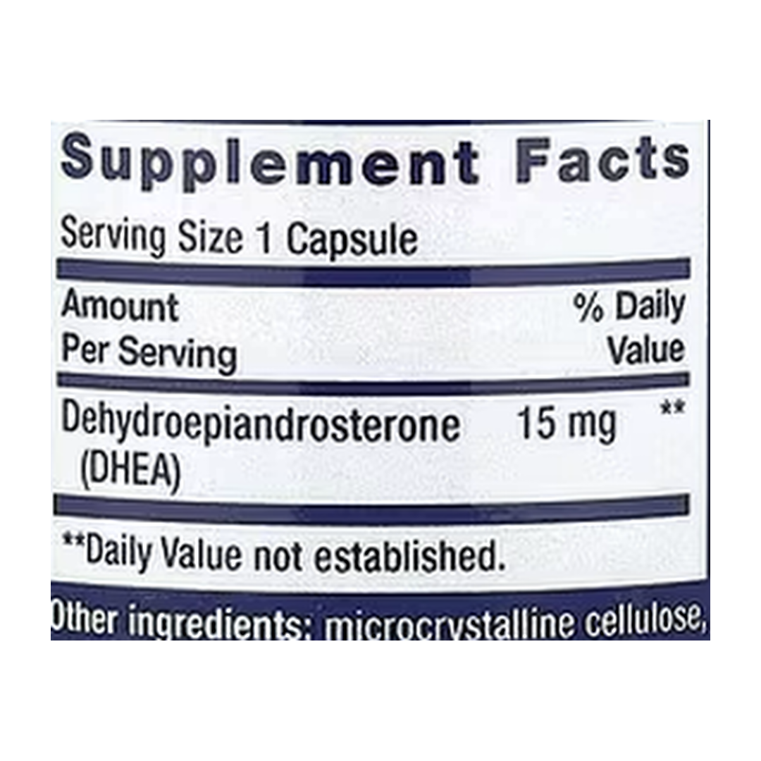 Life Extension, DHEA, 15 mg, 100 Capsules supplement facts label showing ingredients, vitamins, minerals, and serving information