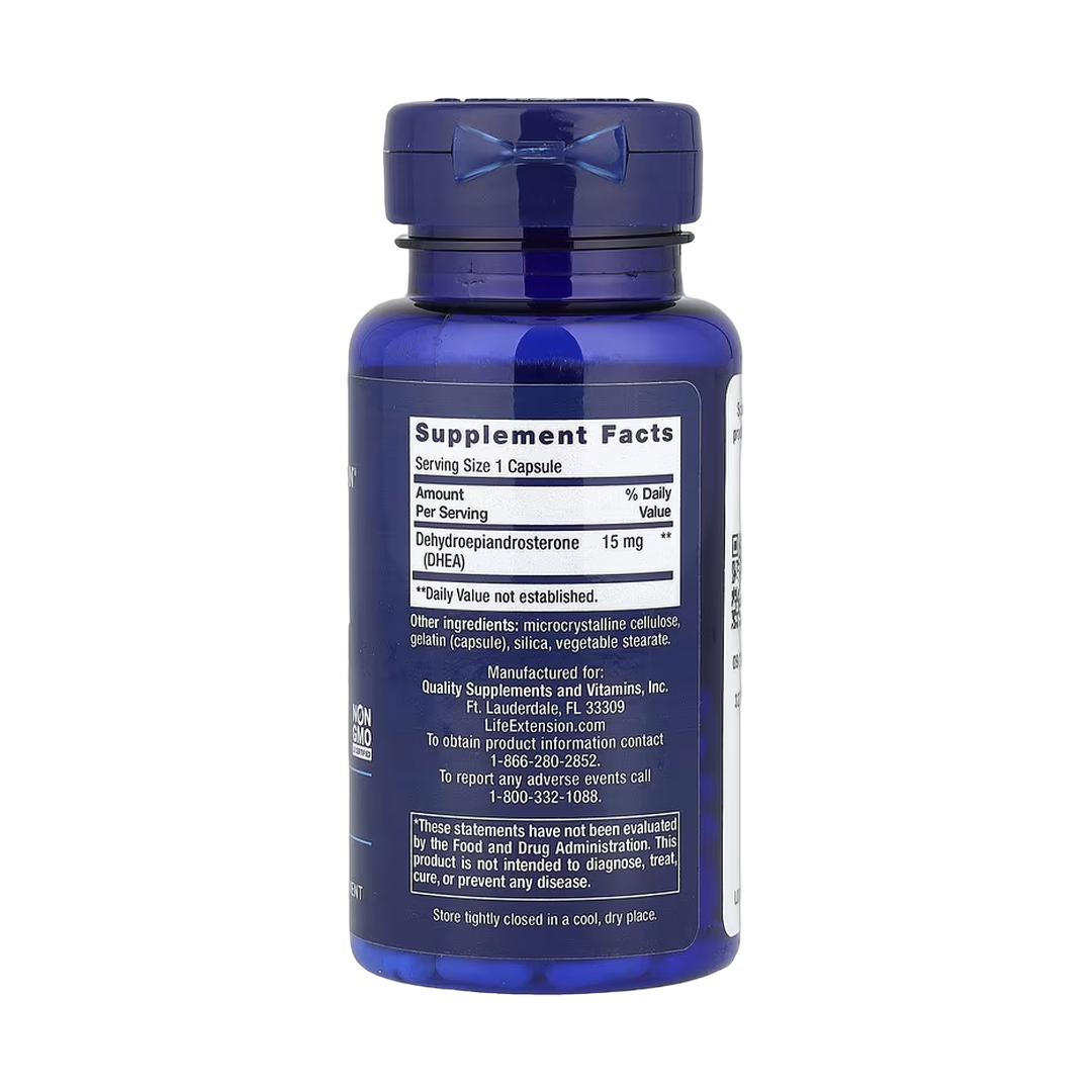 Life Extension, DHEA, 15 mg, 100 Capsules back packaging view