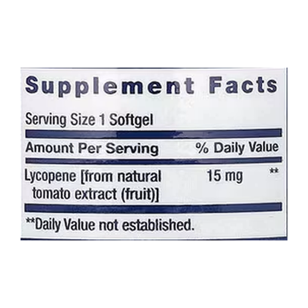 Life Extension, Mega Lycopene, 15 mg, 90 Softgels supplement facts label showing ingredients, vitamins, minerals, and serving information