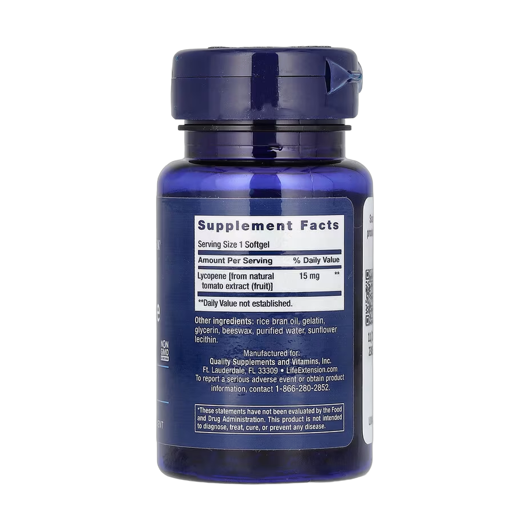Life Extension, Mega Lycopene, 15 mg, 90 Softgels back packaging view