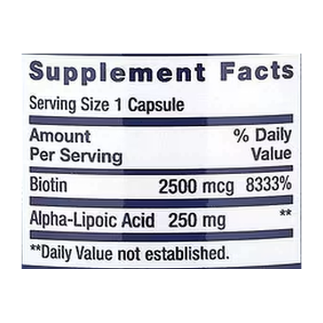 Life Extension, Alpha-Lipoic Acid with Biotin, 60 Capsules supplement facts label showing ingredients, vitamins, minerals, and serving information