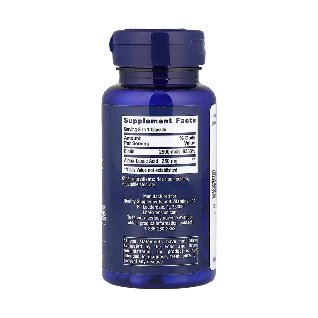 Life Extension, Alpha-Lipoic Acid with Biotin, 60 Capsules back packaging view