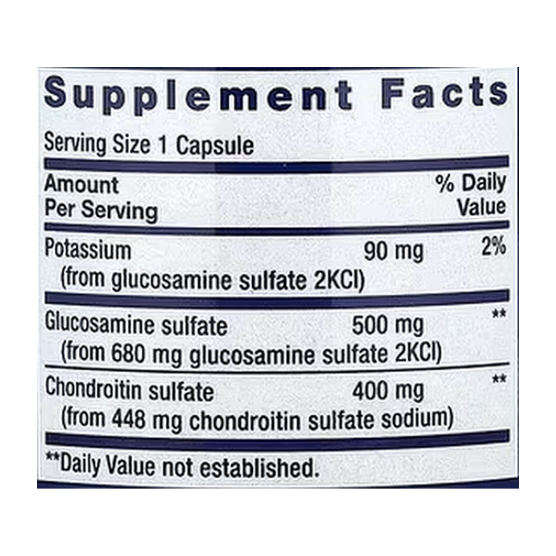 Life Extension, Glucosamine/Chondroitin, 90 Capsules supplement facts label showing ingredients, vitamins, minerals, and serving information