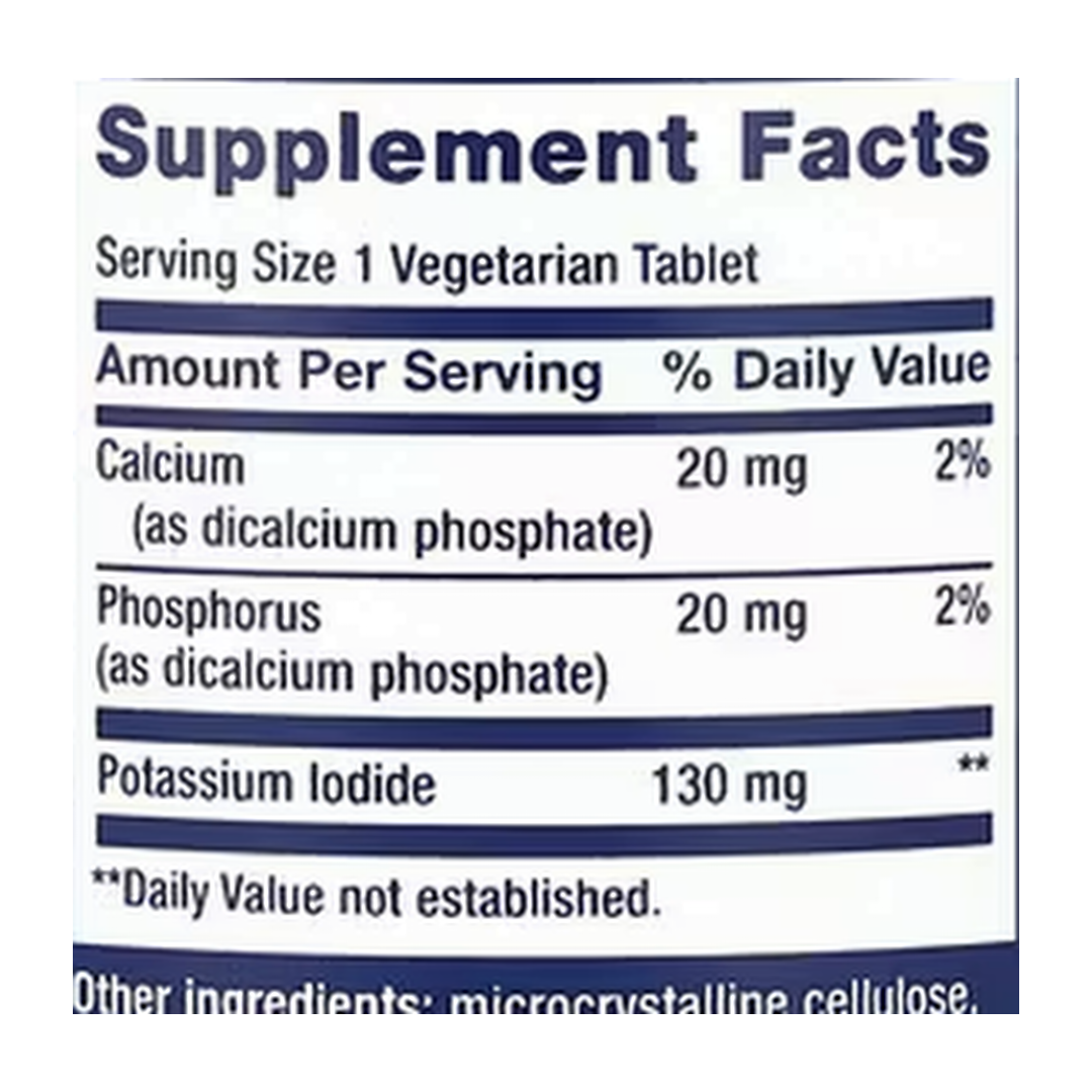 Life Extension, Potassium Iodide, 130 mg, 14 Vegetarian Tablets supplement facts label showing ingredients, vitamins, minerals, and serving information