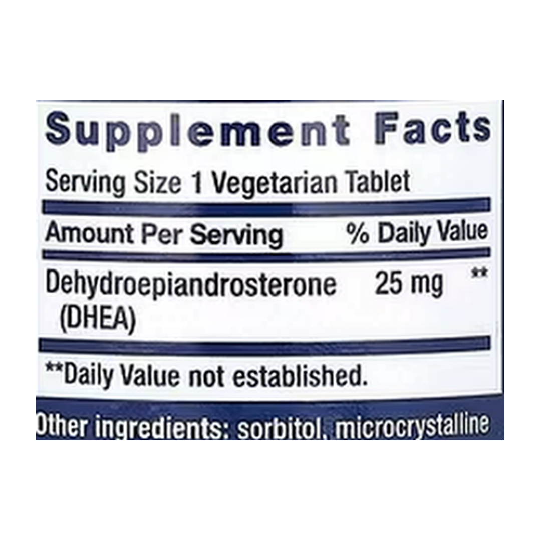 Life Extension, DHEA, 25 mg, 100 Vegetarian Tablets supplement facts label showing ingredients, vitamins, minerals, and serving information