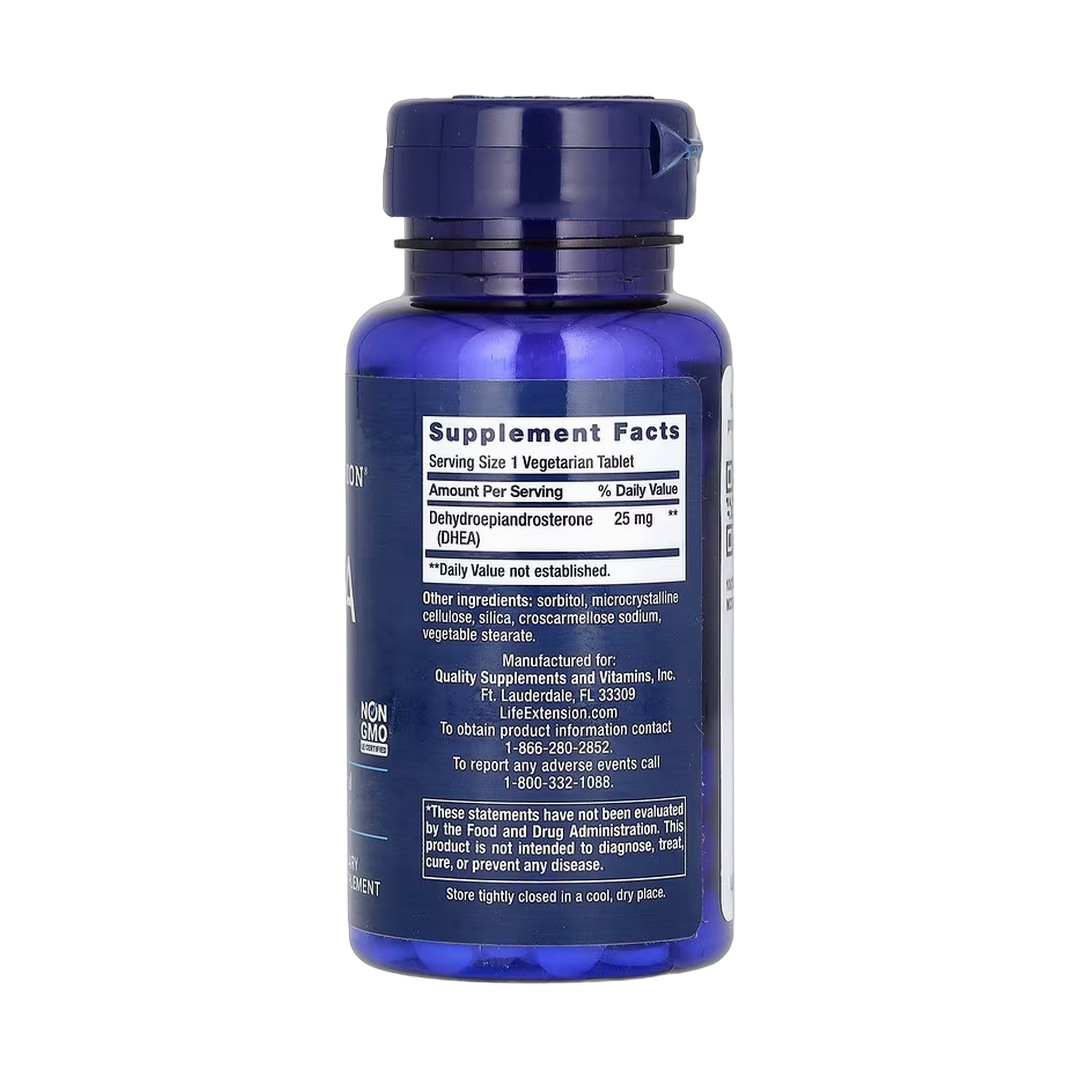 Life Extension, DHEA, 25 mg, 100 Vegetarian Tablets back packaging view