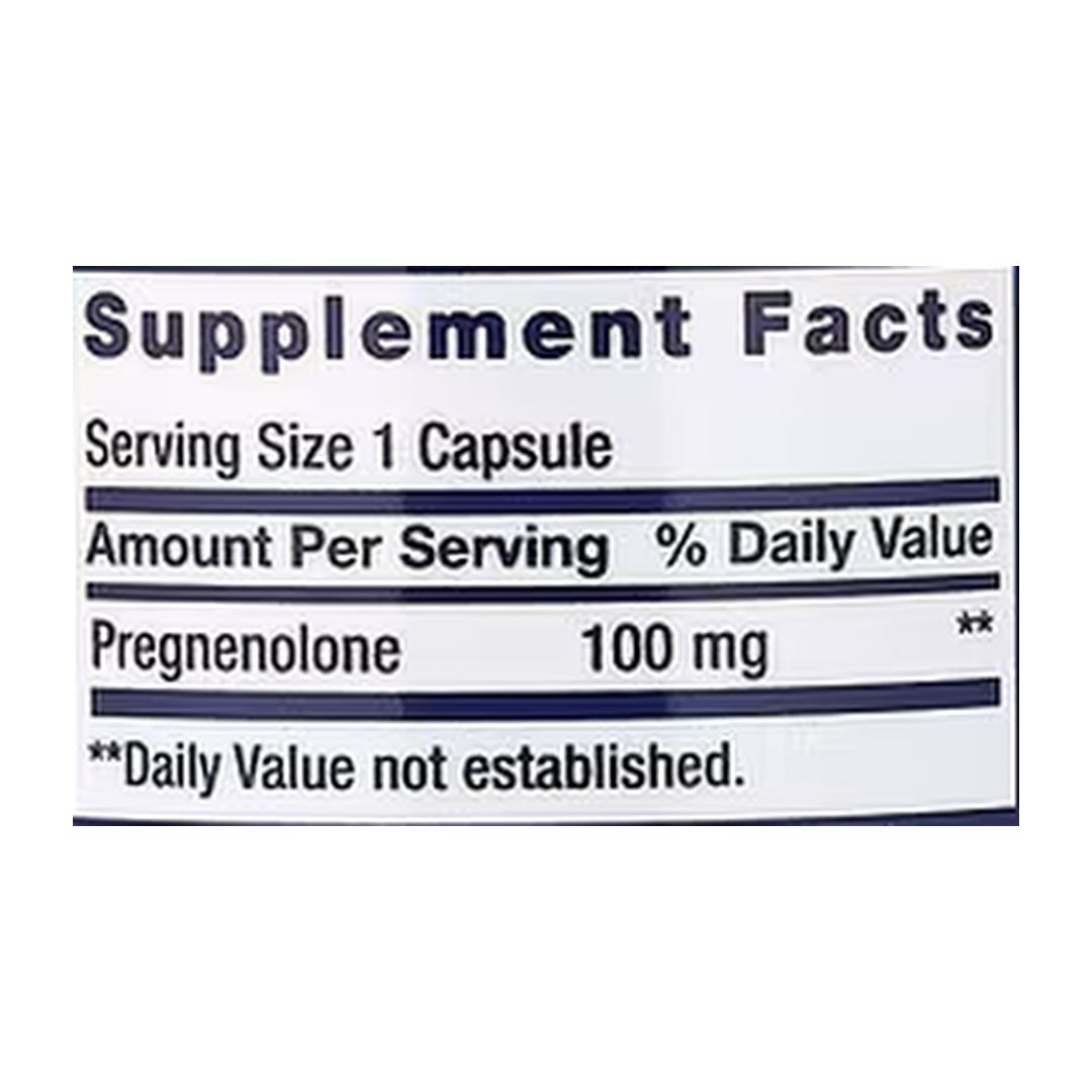 Life Extension, Pregnenolone, 100 mg, 100 Capsules supplement facts label showing ingredients, vitamins, minerals, and serving information