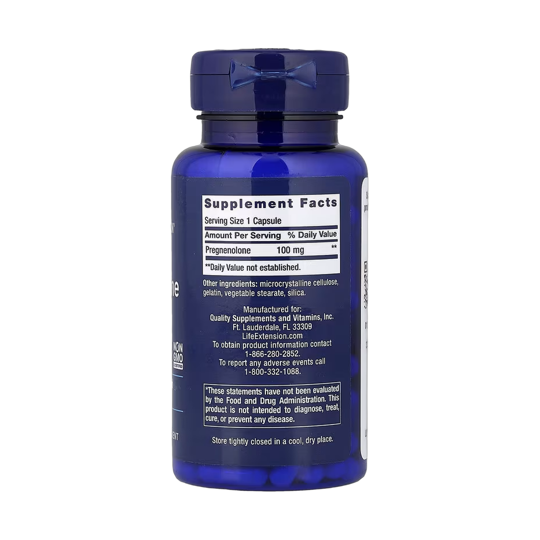 Life Extension, Pregnenolone, 100 mg, 100 Capsules back packaging view