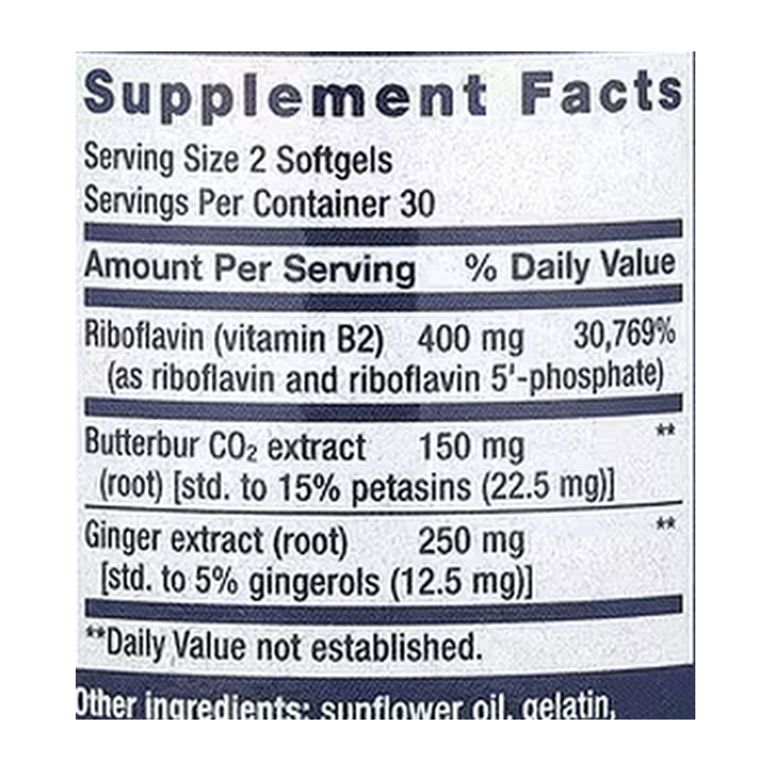 Life Extension, Migra-Eeze™, 60 Softgels supplement facts label showing ingredients, vitamins, minerals, and serving information